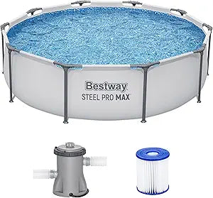 Bestway Steel Pro MAX 12 Foot x 30 Inch Round Metal Frame Above Ground Outdoor Backyard Swimming Pool Set with 330 GPH Filter Pump